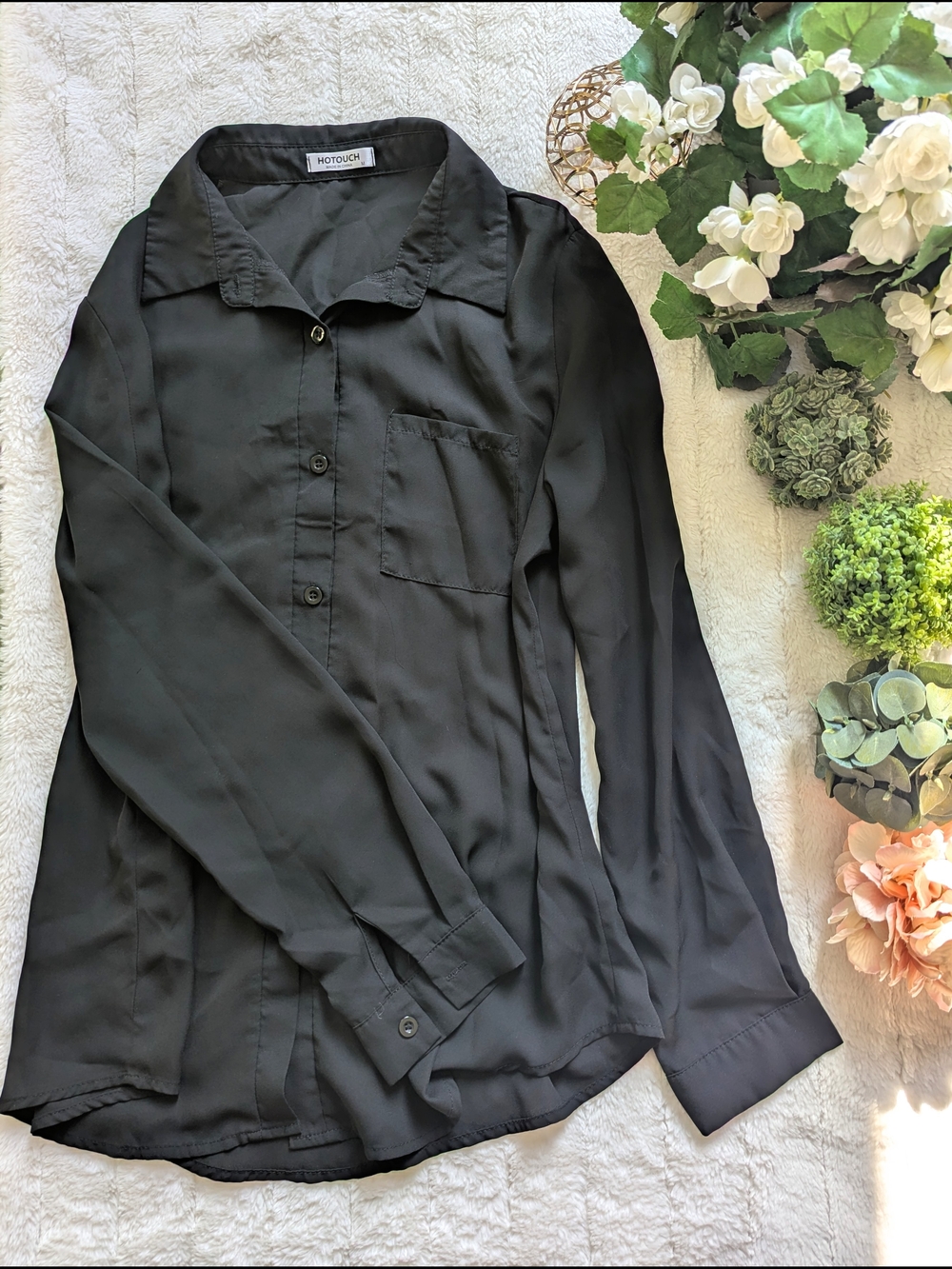 Classic Black Chiffon Button Up Blouse